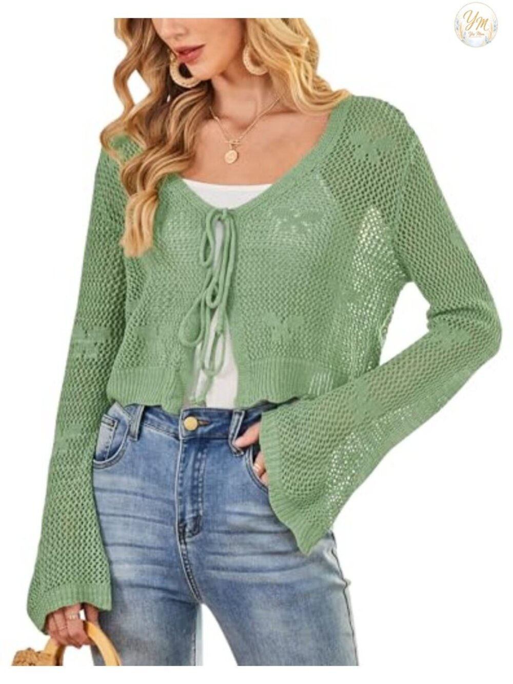 Crochet Tie Front Bell Sleeve Open Knit Cardigan Sweater